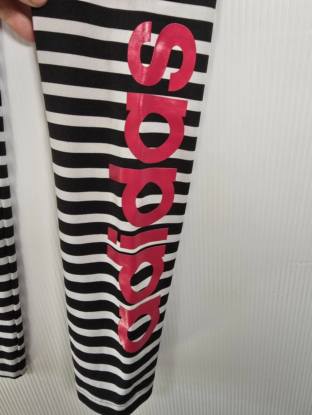 adidas Big Girls Black & White Striped Leggings With Pink Logo Size XL-16